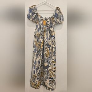 Elegant Paisley Long Sleeve Dress - Blue and Yellow‎